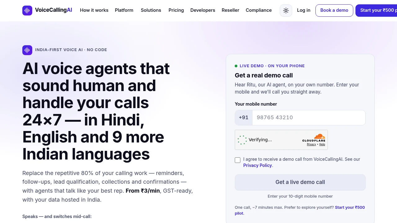 Screenshot of VoiceCallingAI website