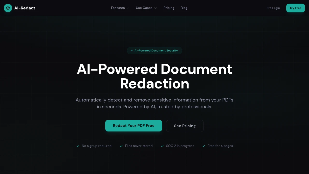 Screenshot of AI-Redact website