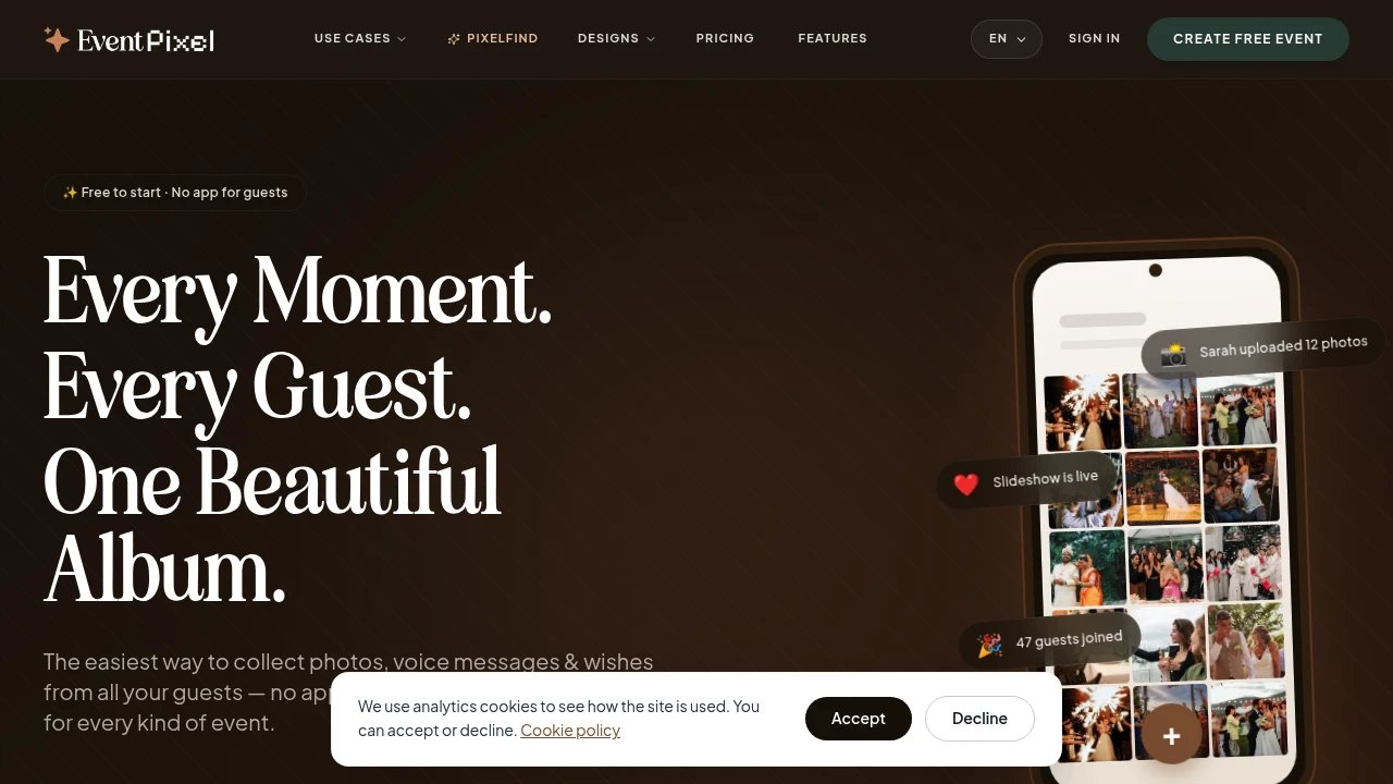 Screenshot of EventPixel website
