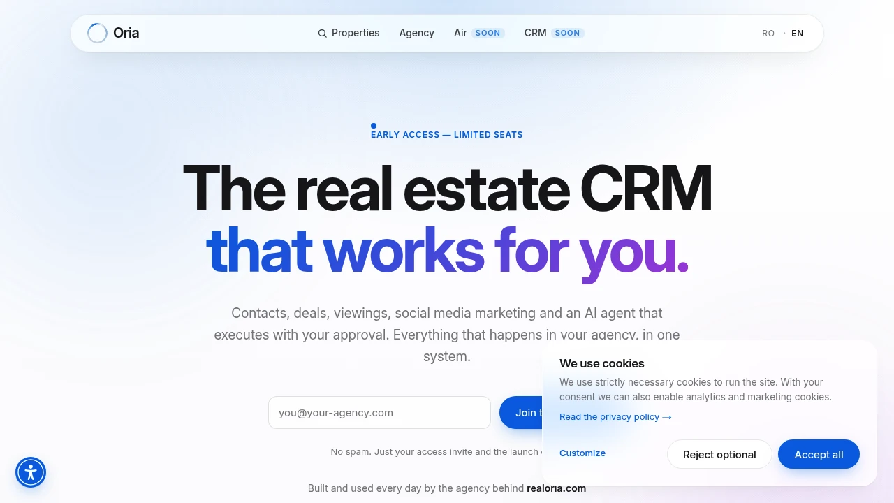 Screenshot of Oria CRM website
