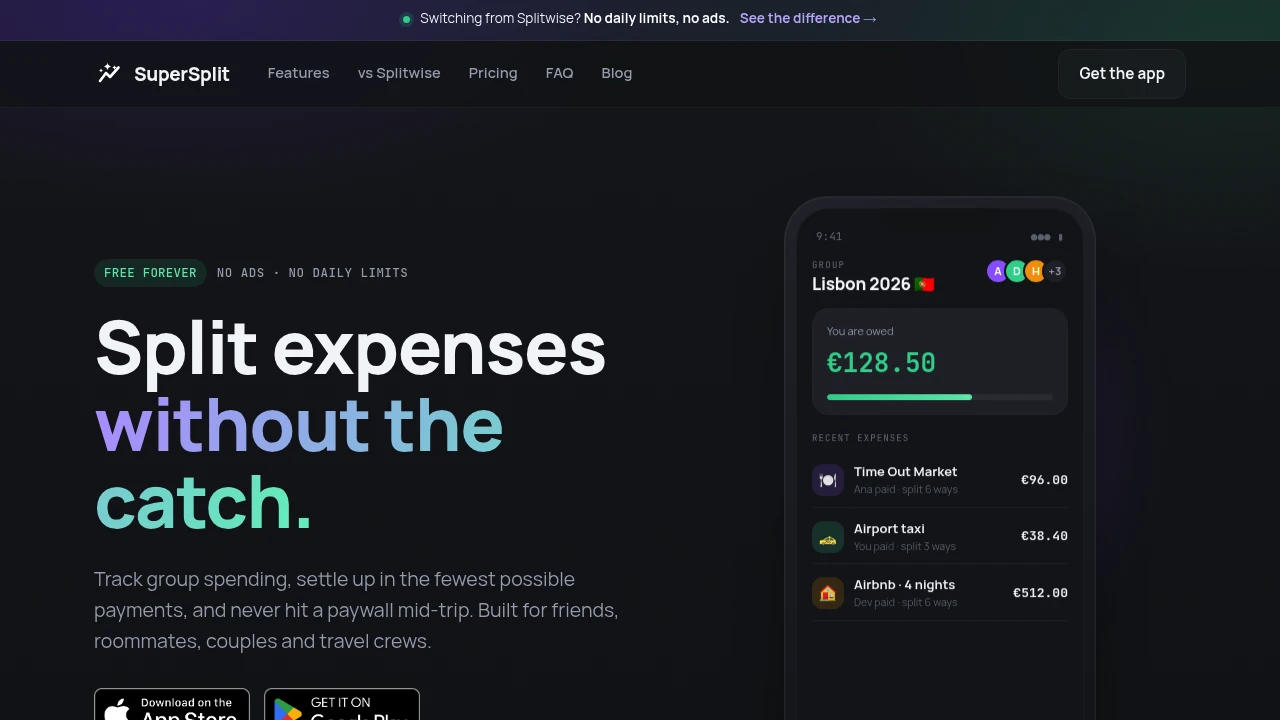 Screenshot of SuperSplit website