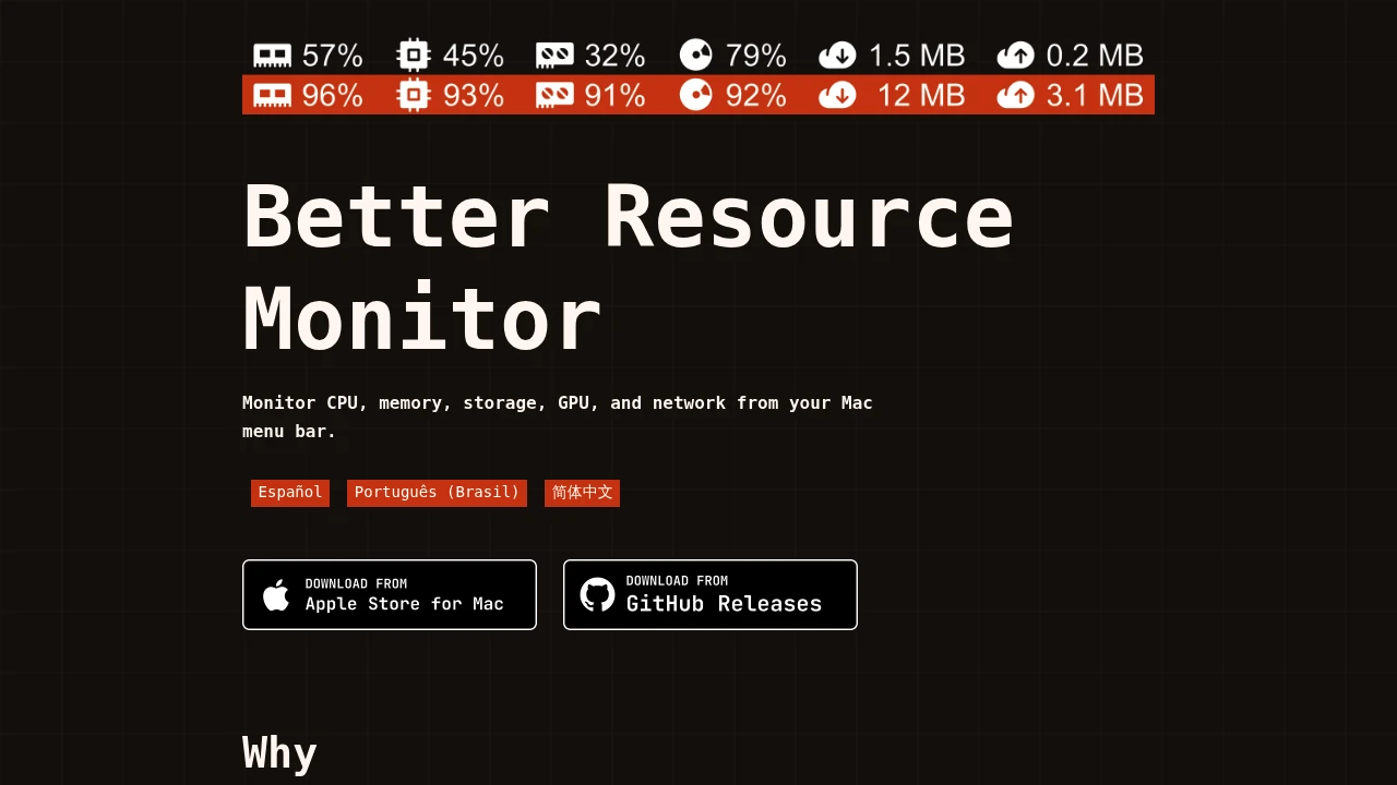 Screenshot of Better Resource Monitor website