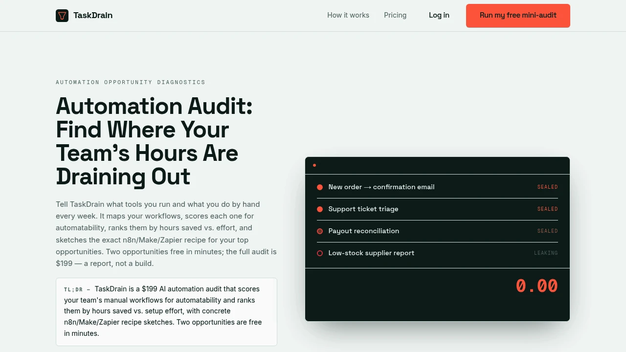 Screenshot of TaskDrain website