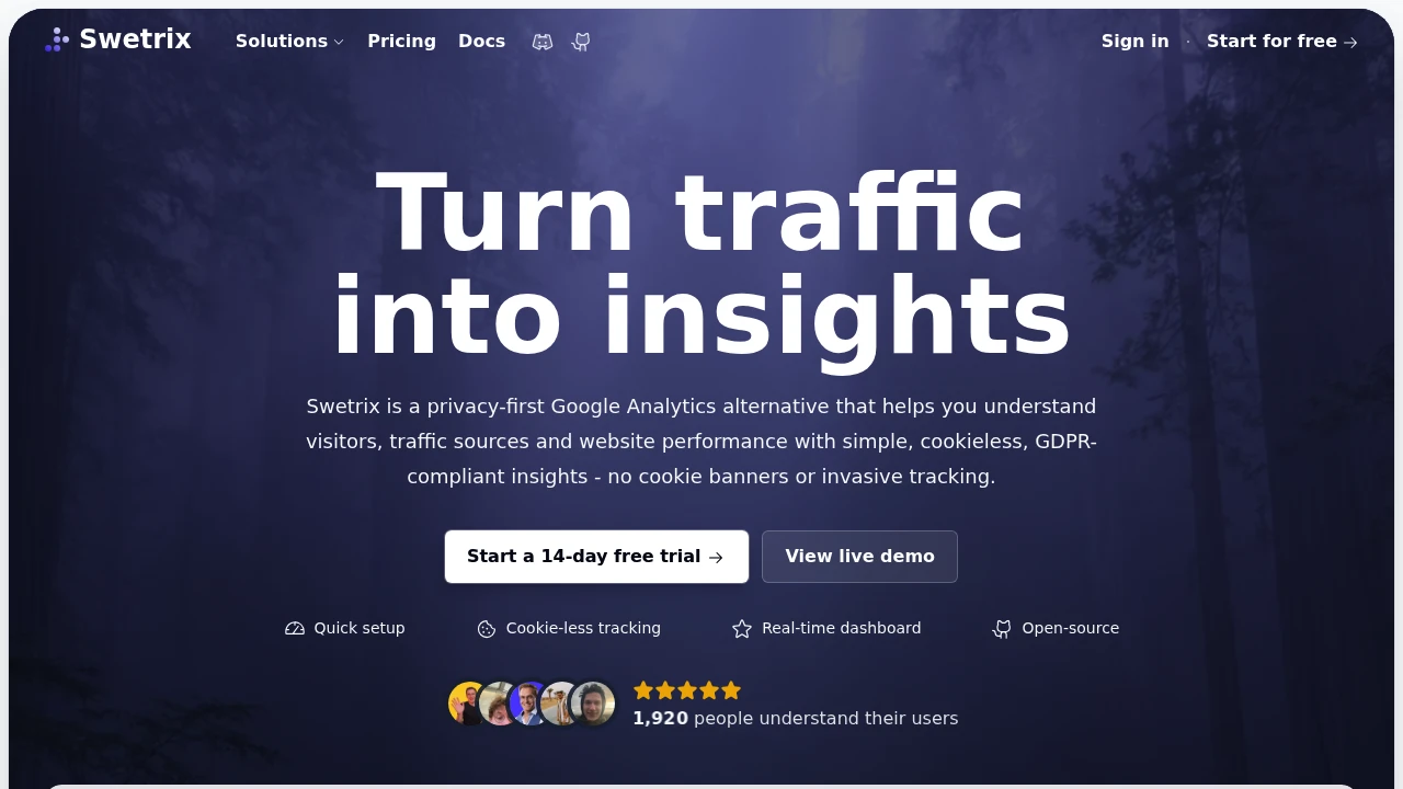 Screenshot of Swetrix website