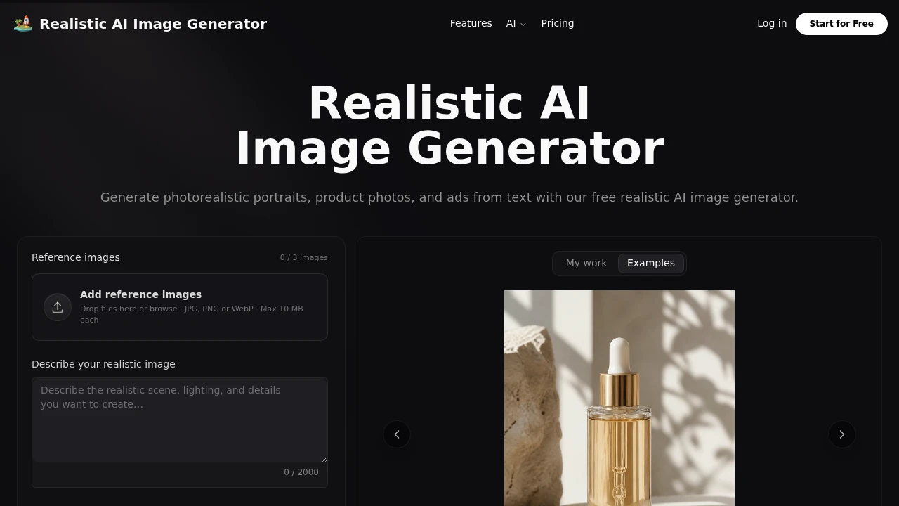 Screenshot of Realistic AI Image Generator website
