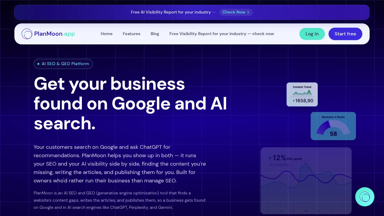 Screenshot of PlanMoon website