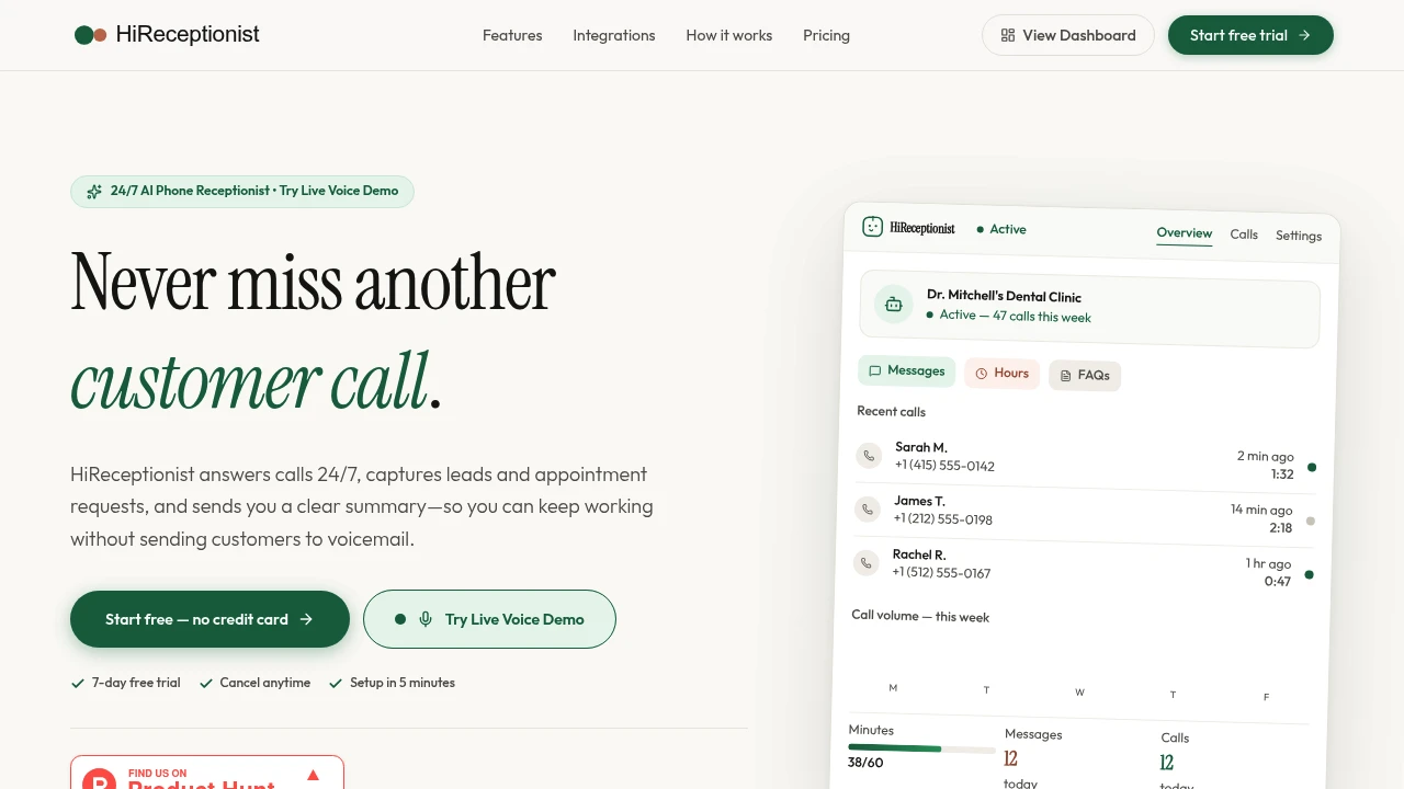 Screenshot of HiReceptionist website