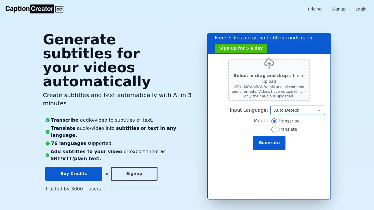 Screenshot of CaptionCreator website