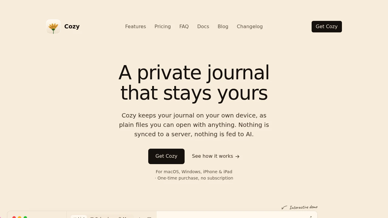 Screenshot of Cozy website