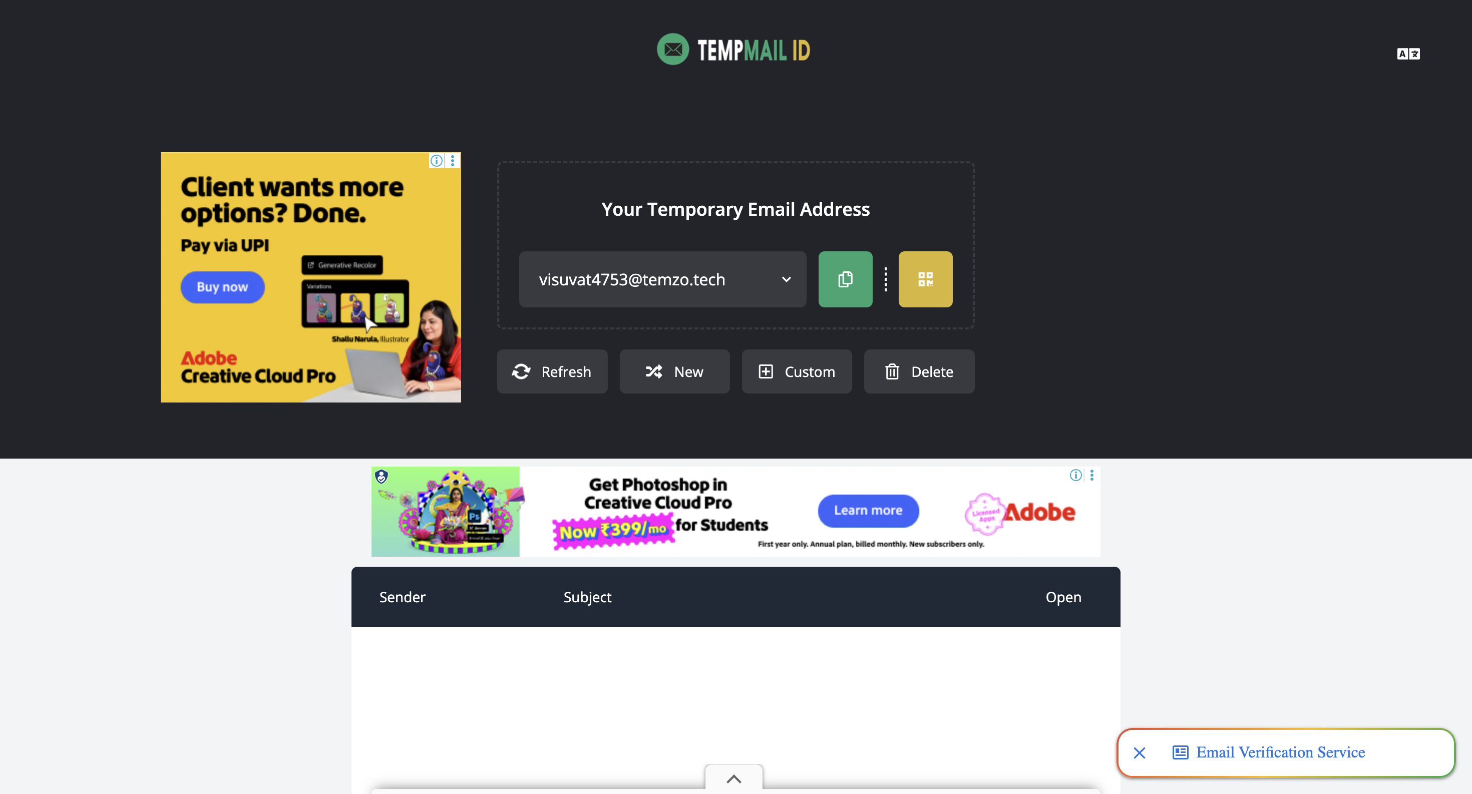 Screenshot of Temp Mail ID website
