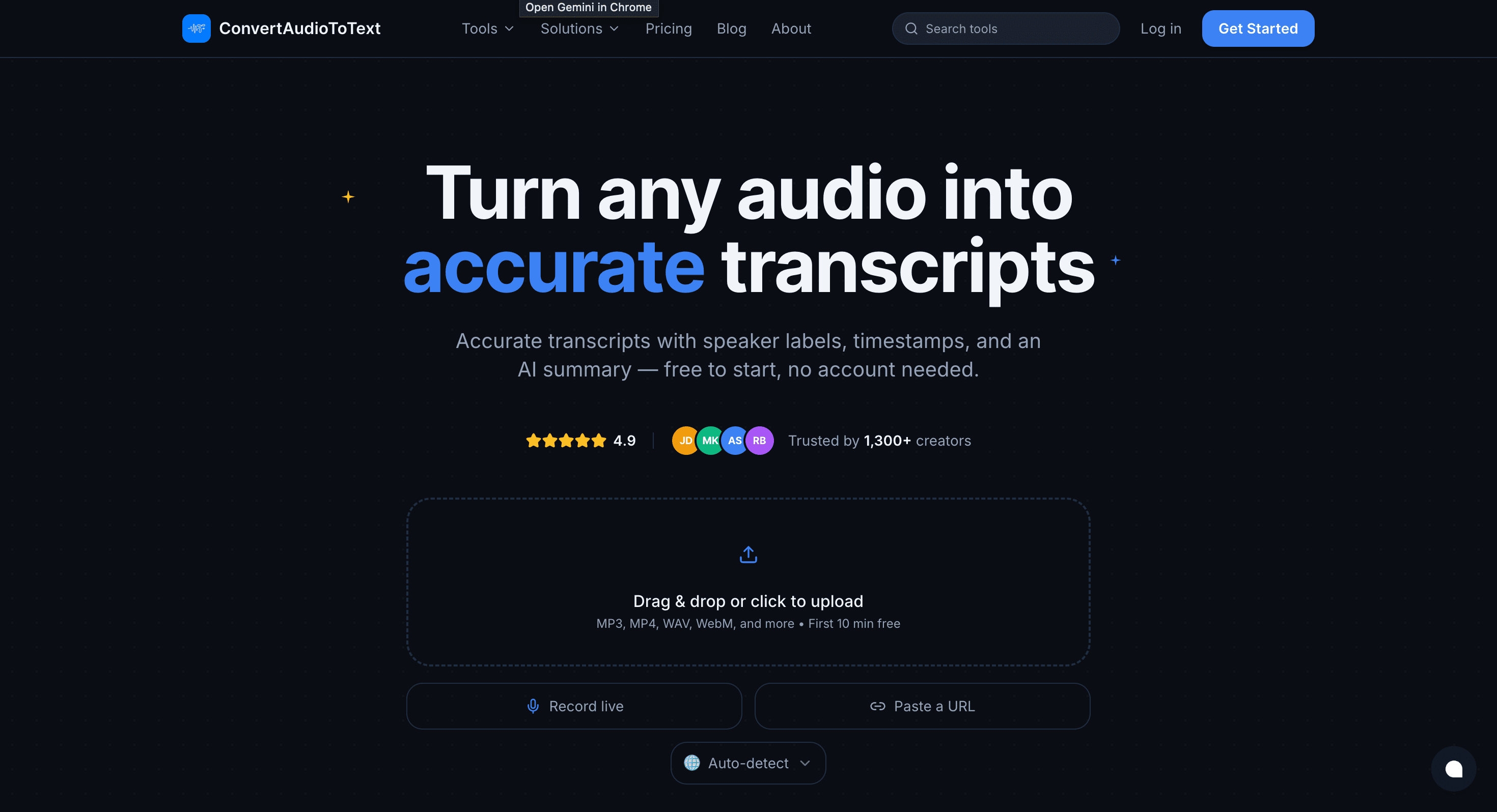 Screenshot of ConvertAudioToText website