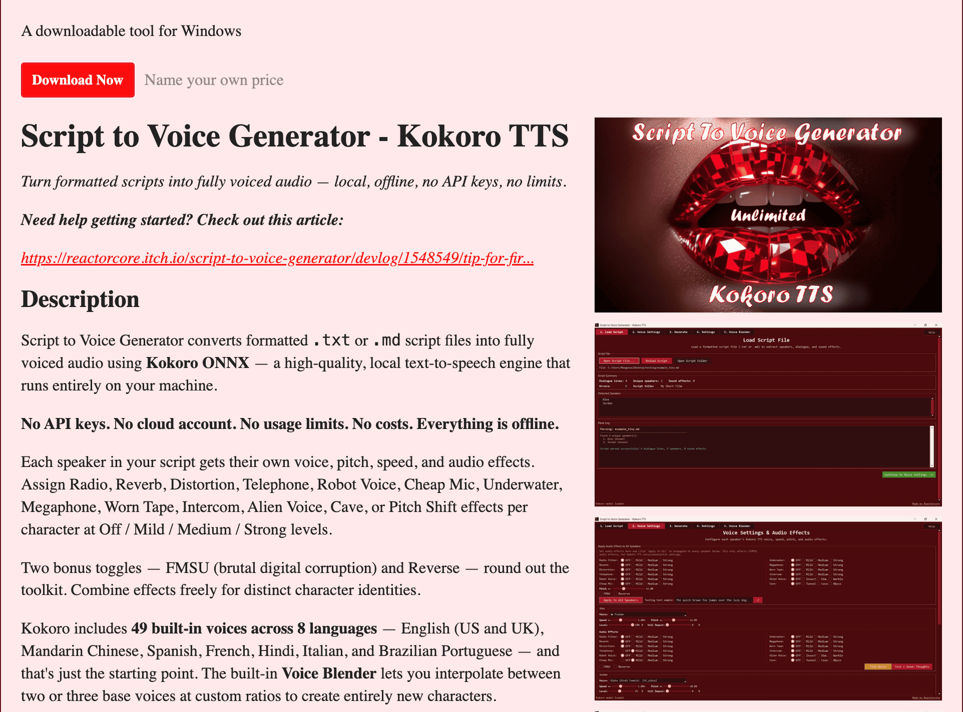 Screenshot of Script to Voice Generator - Kokoro TTS website