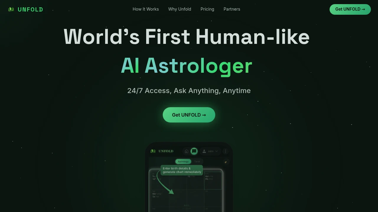 Screenshot of UNFOLD Astrology website
