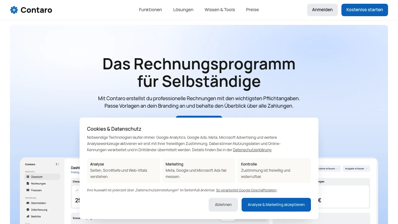 Screenshot of Contaro website