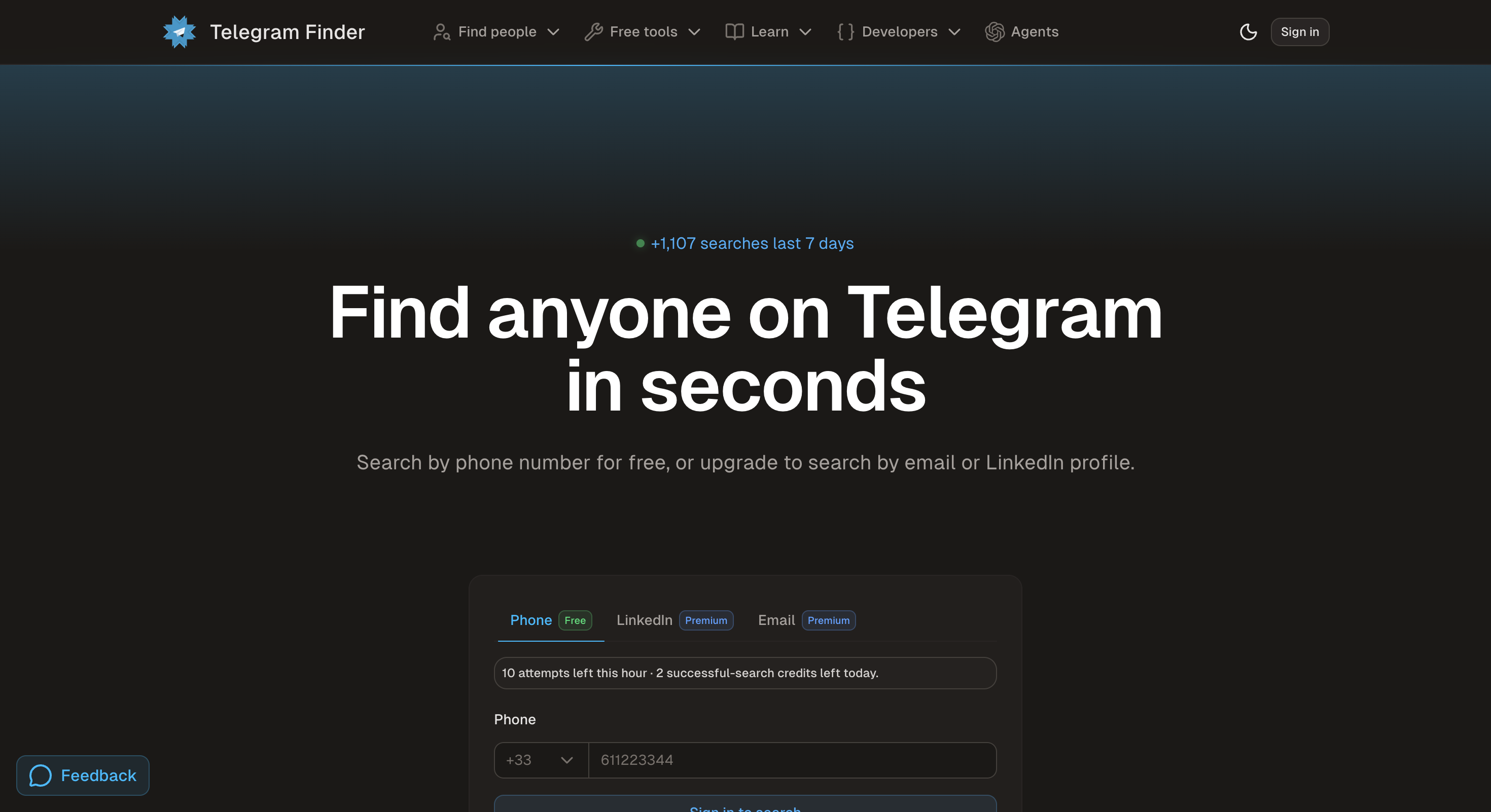 Screenshot of Telegram Finder website
