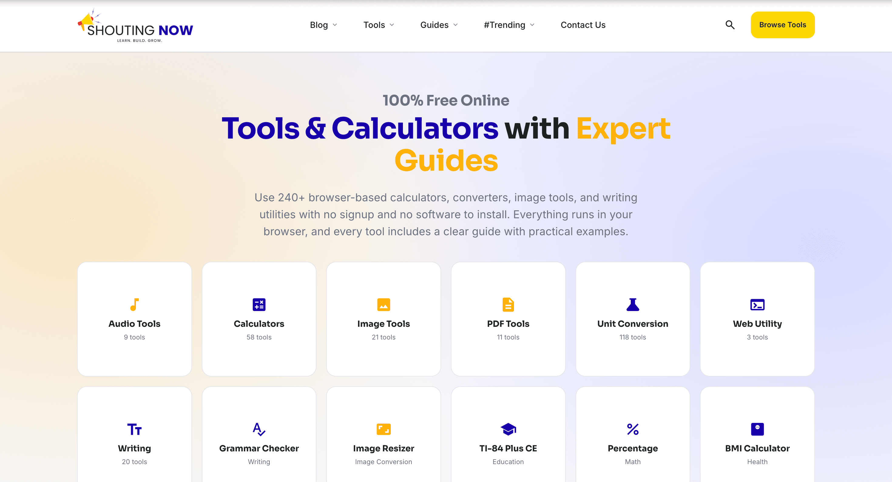 Screenshot of ShoutingNow website