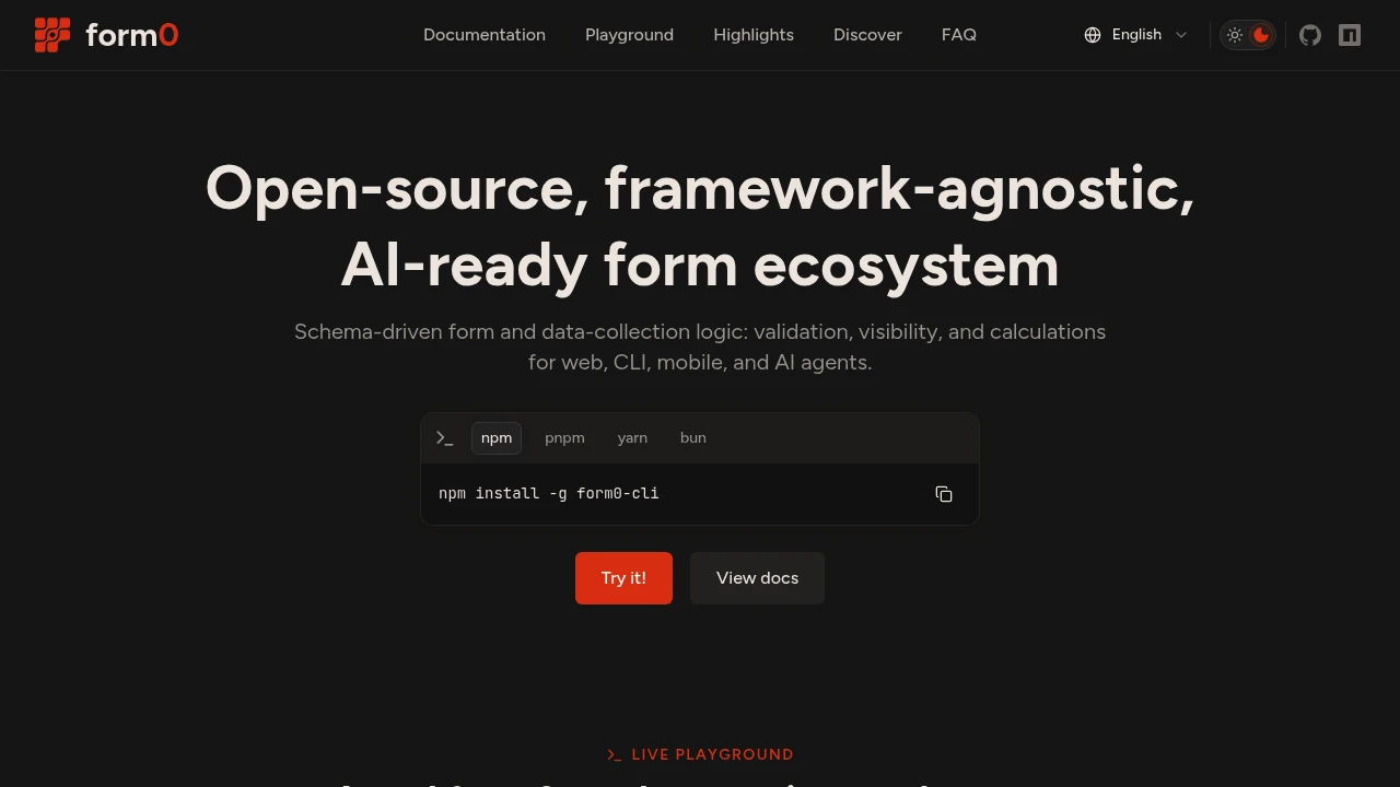 Screenshot of form0 website