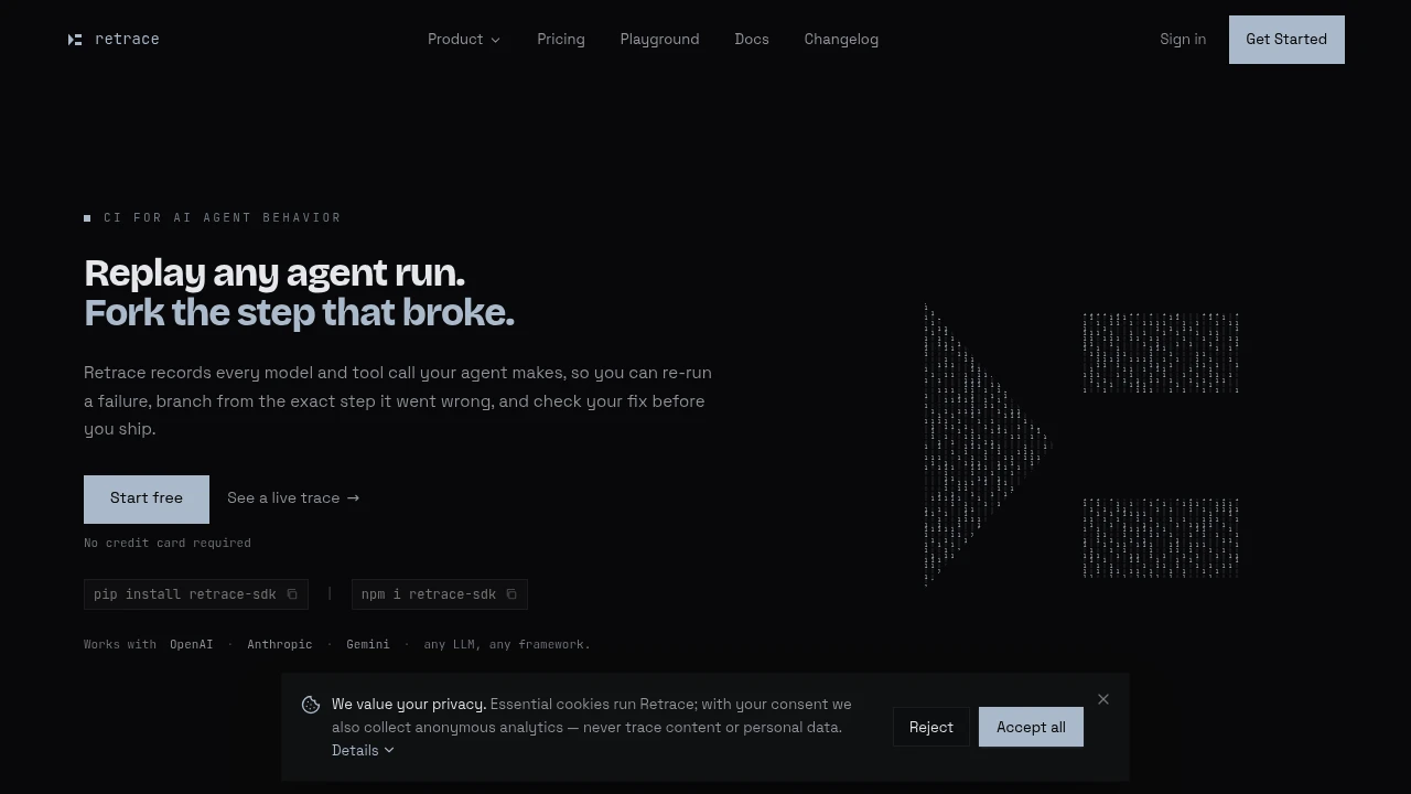 Screenshot of Retrace website