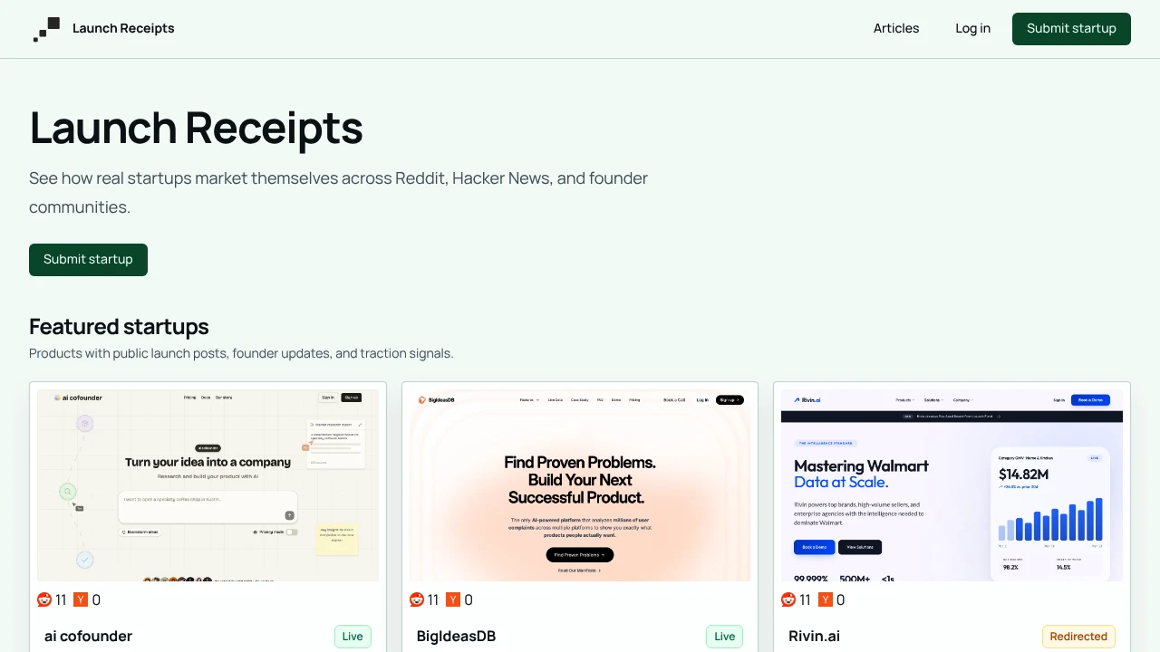 Screenshot of LaunchReceipts website