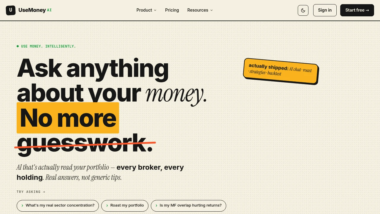 Screenshot of UseMoney AI website