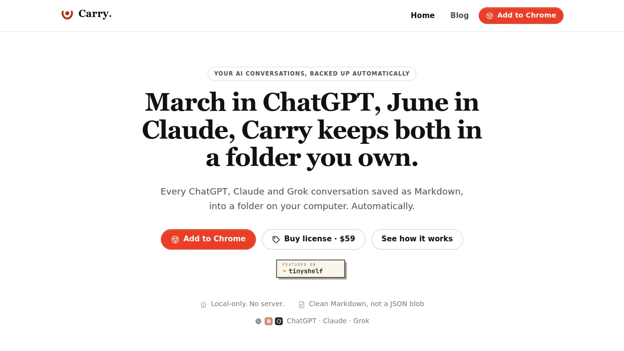 Screenshot of Carry - Save ChatGPT, Claude & Grok website