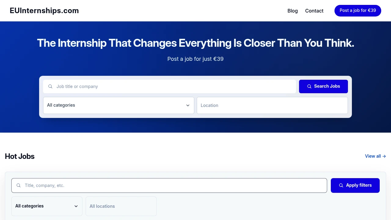 Screenshot of EUInternships website