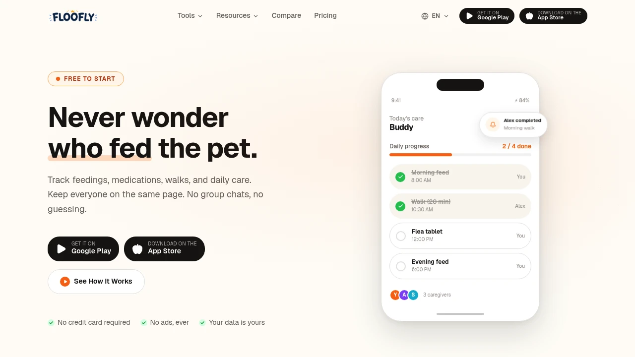 Screenshot of Floofly - Pet Care Tracker website