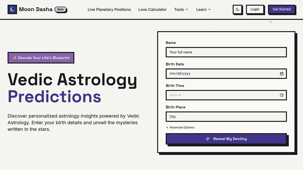 Screenshot of Moon Dasha website