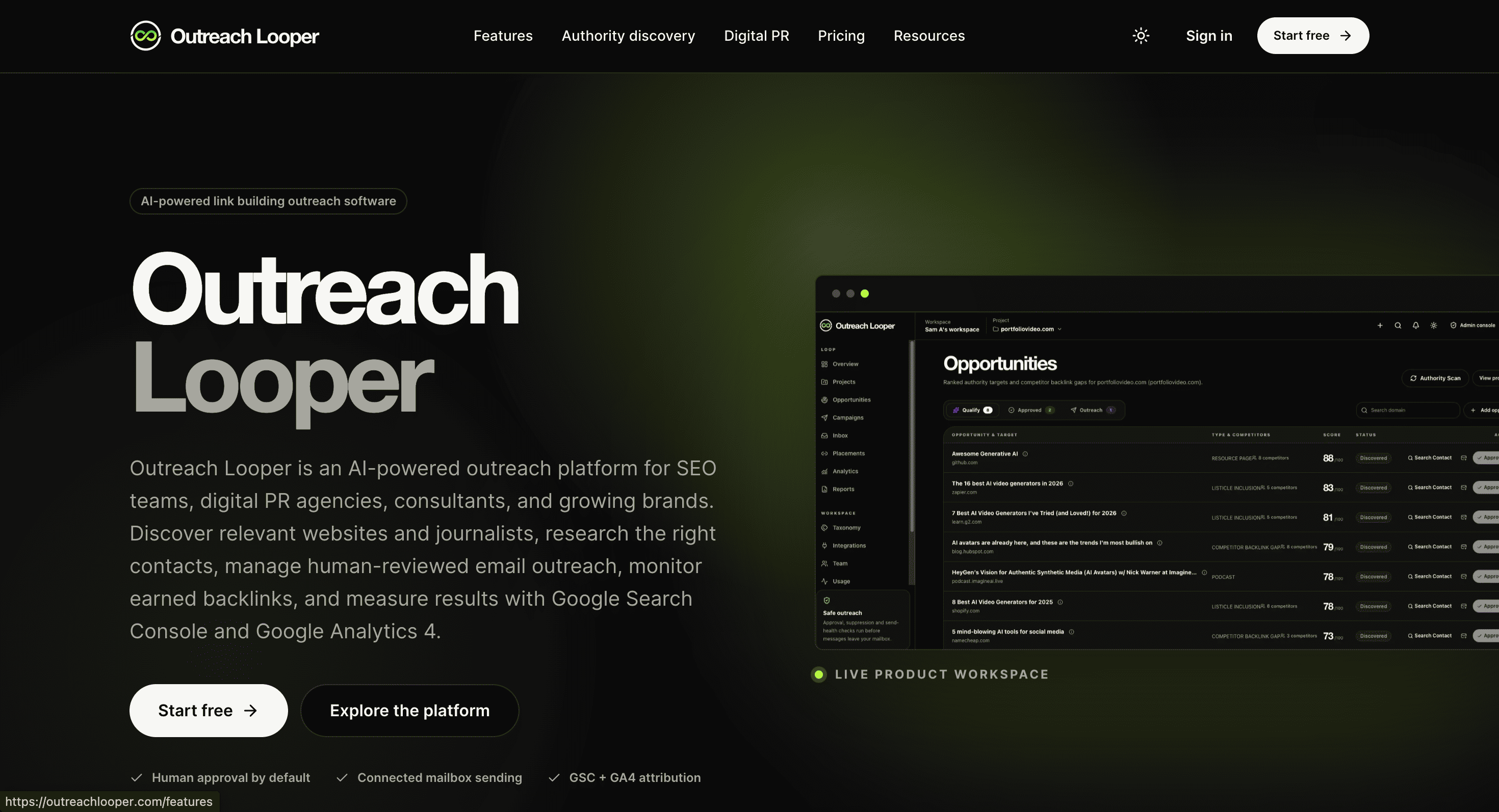 Screenshot of OutreachLooper website