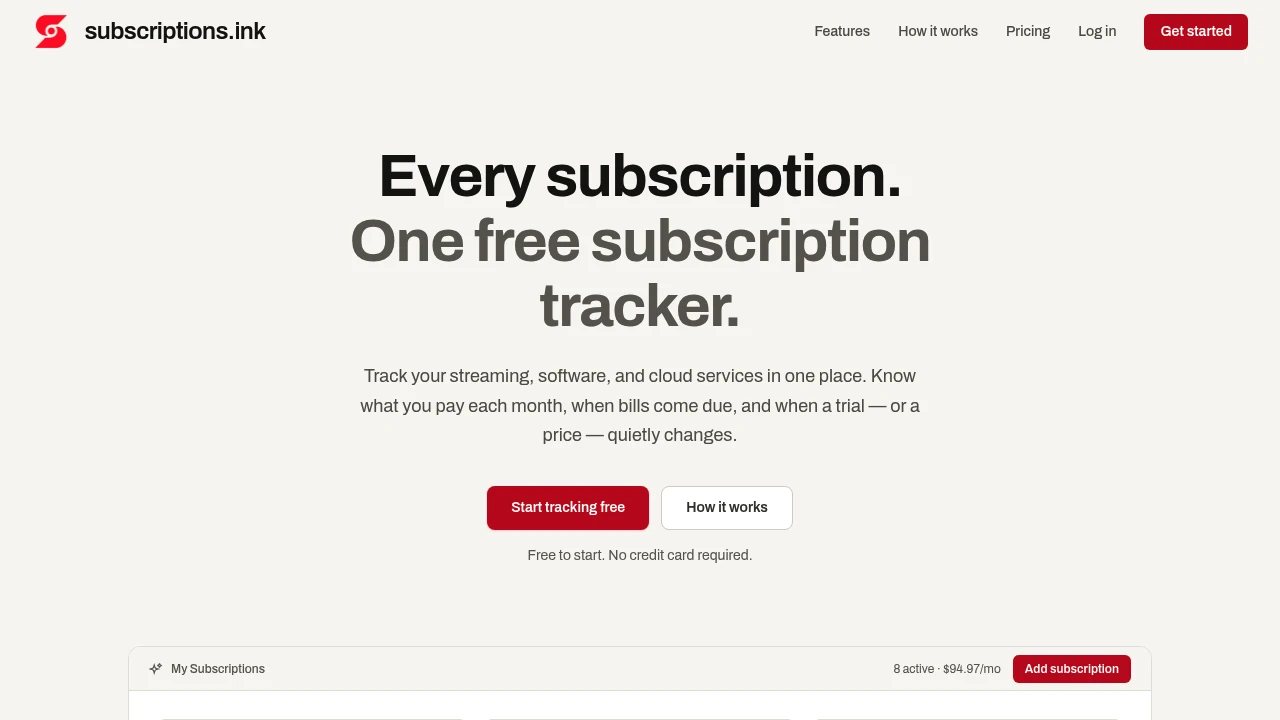 Screenshot of Subscriptions.ink website