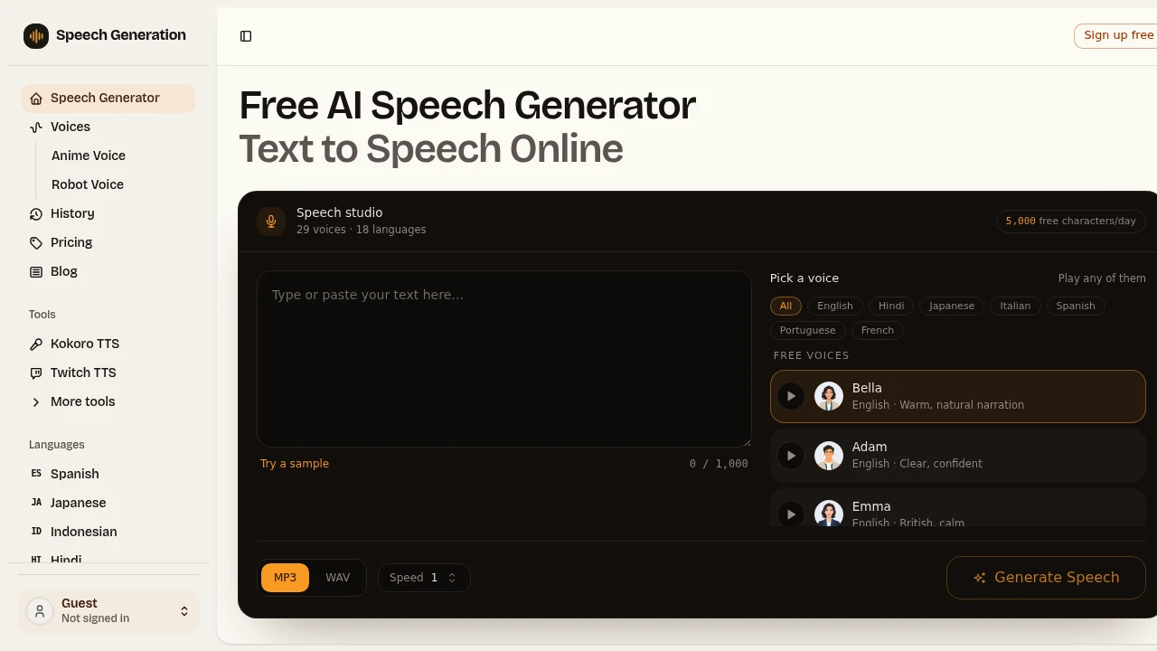 Screenshot of Speech Generation website