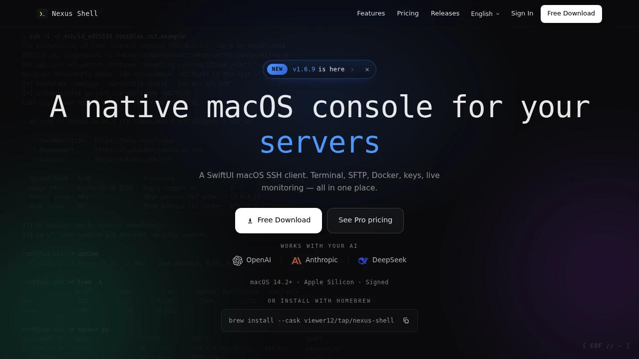 Screenshot of Nexus Shell website