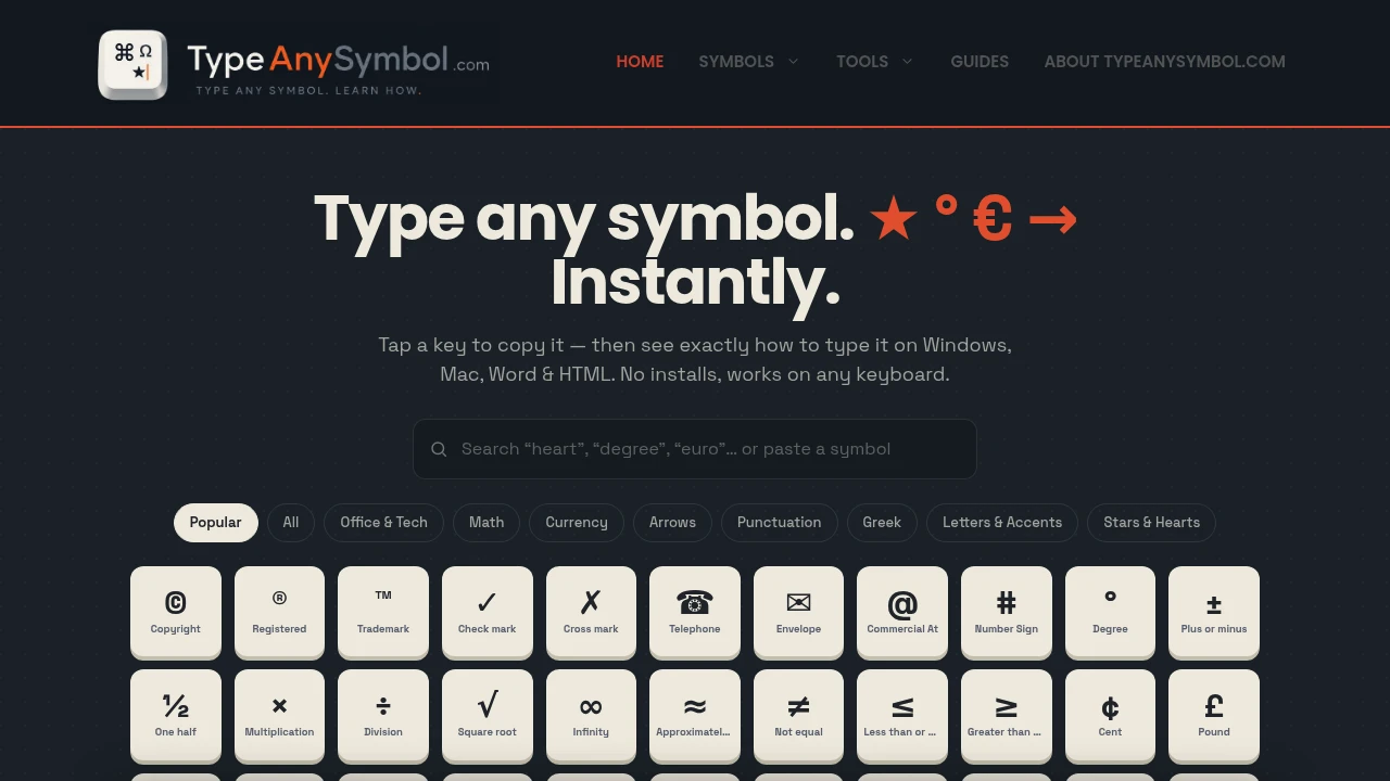 Screenshot of TypeAnySymbol website
