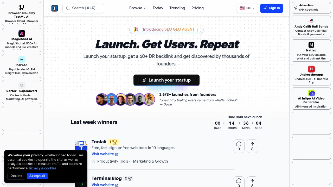Screenshot of Whatlaunchedtoday website