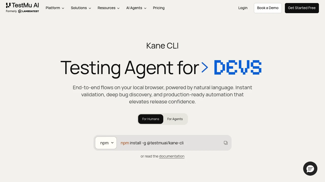Screenshot of Kane CLI By TestMu AI website