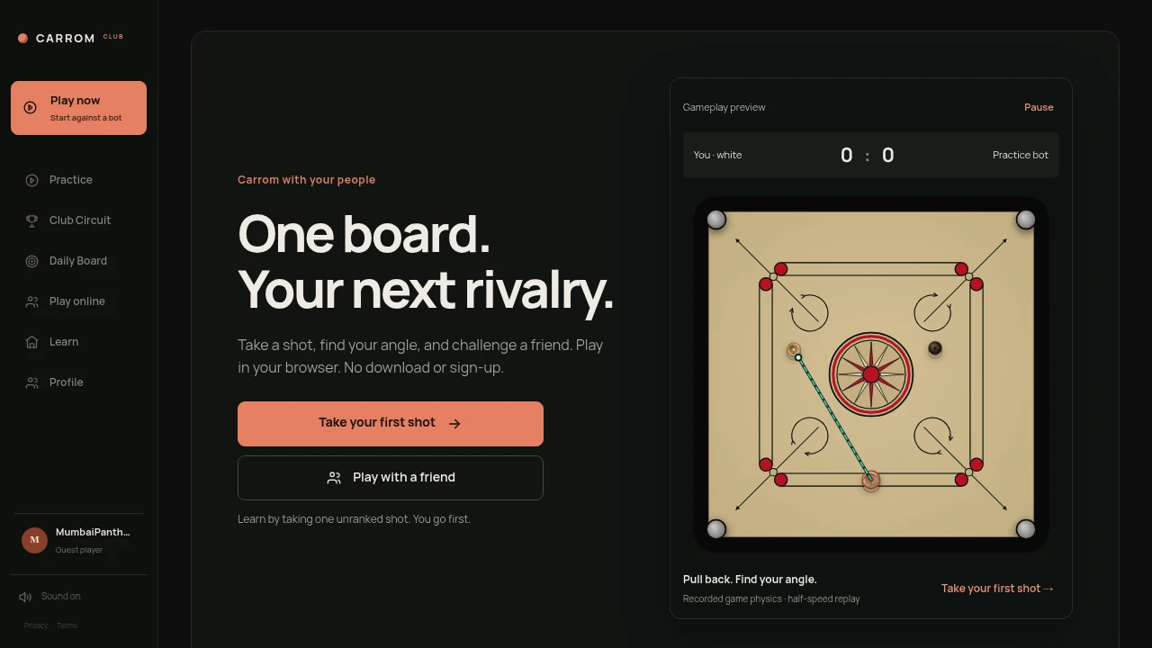 Screenshot of Pocketcarrom website