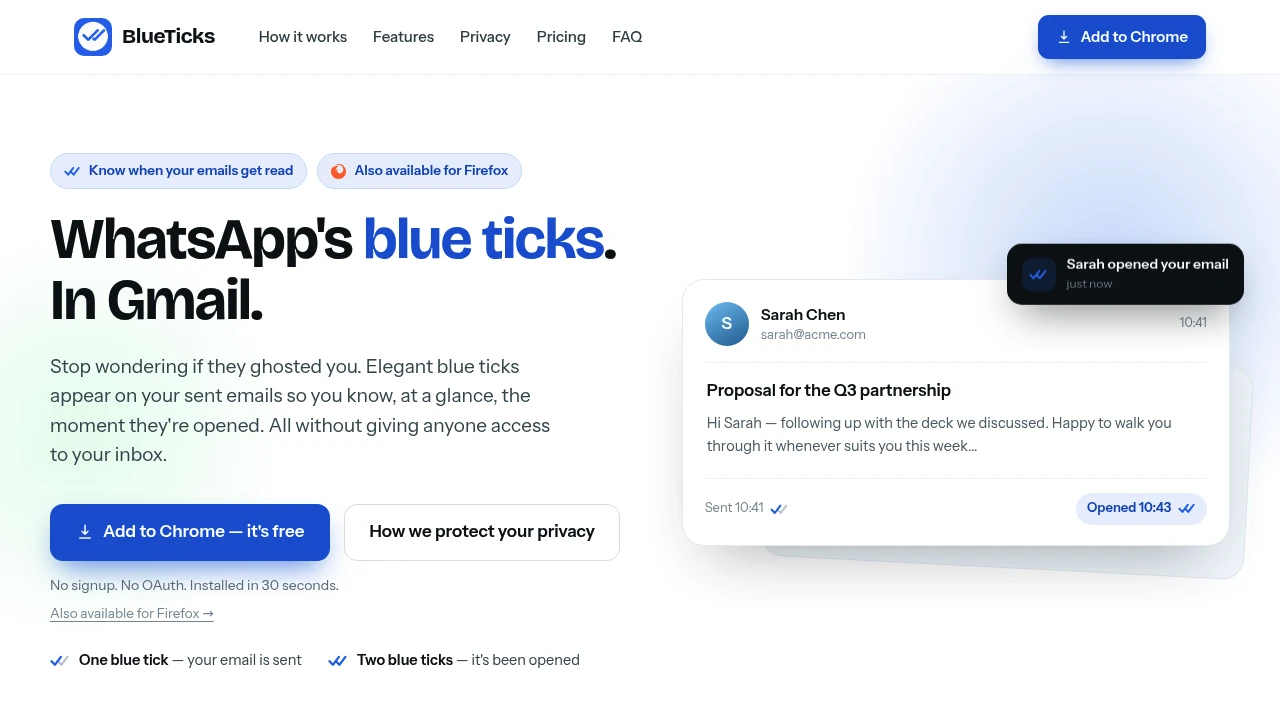 Screenshot of BlueTicks for Gmail website