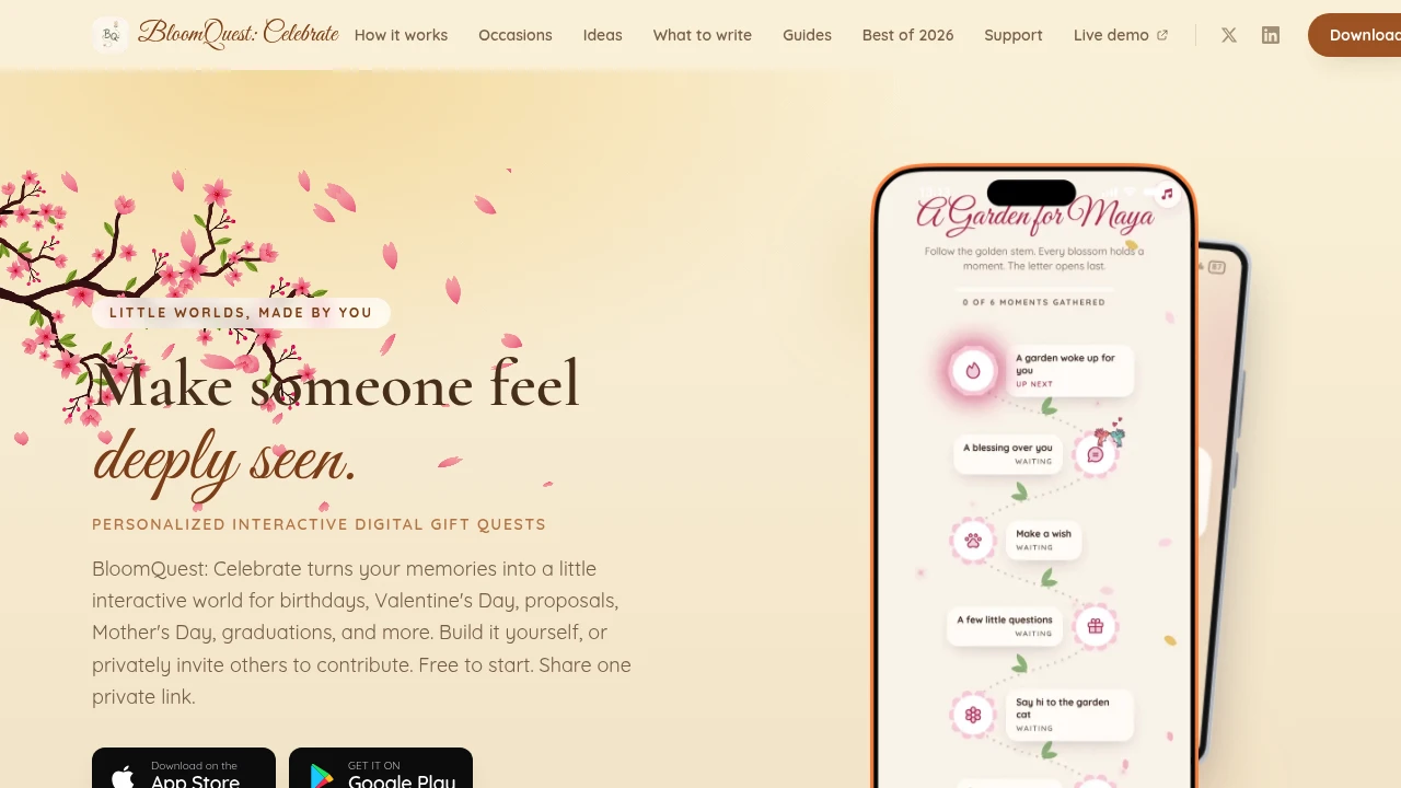 Screenshot of BloomQuest: Celebrate website