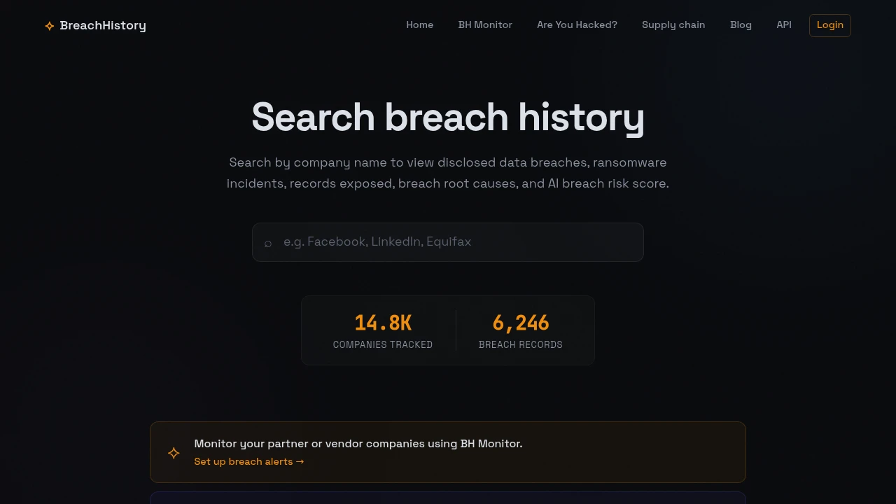 Screenshot of BreachHistory website