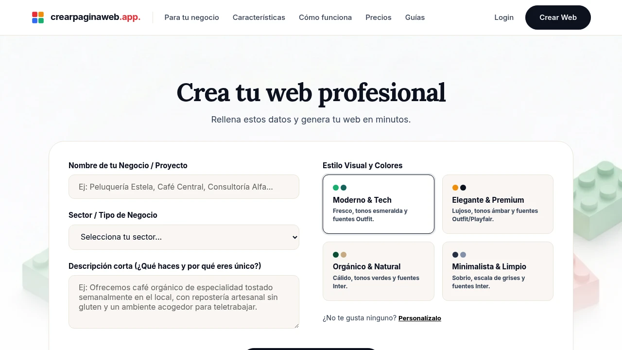 Screenshot of crearpaginaweb.app website