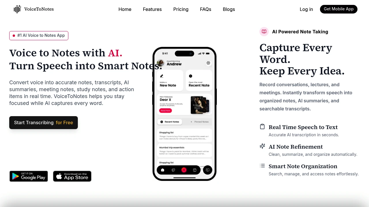 Screenshot of Voice to notes website