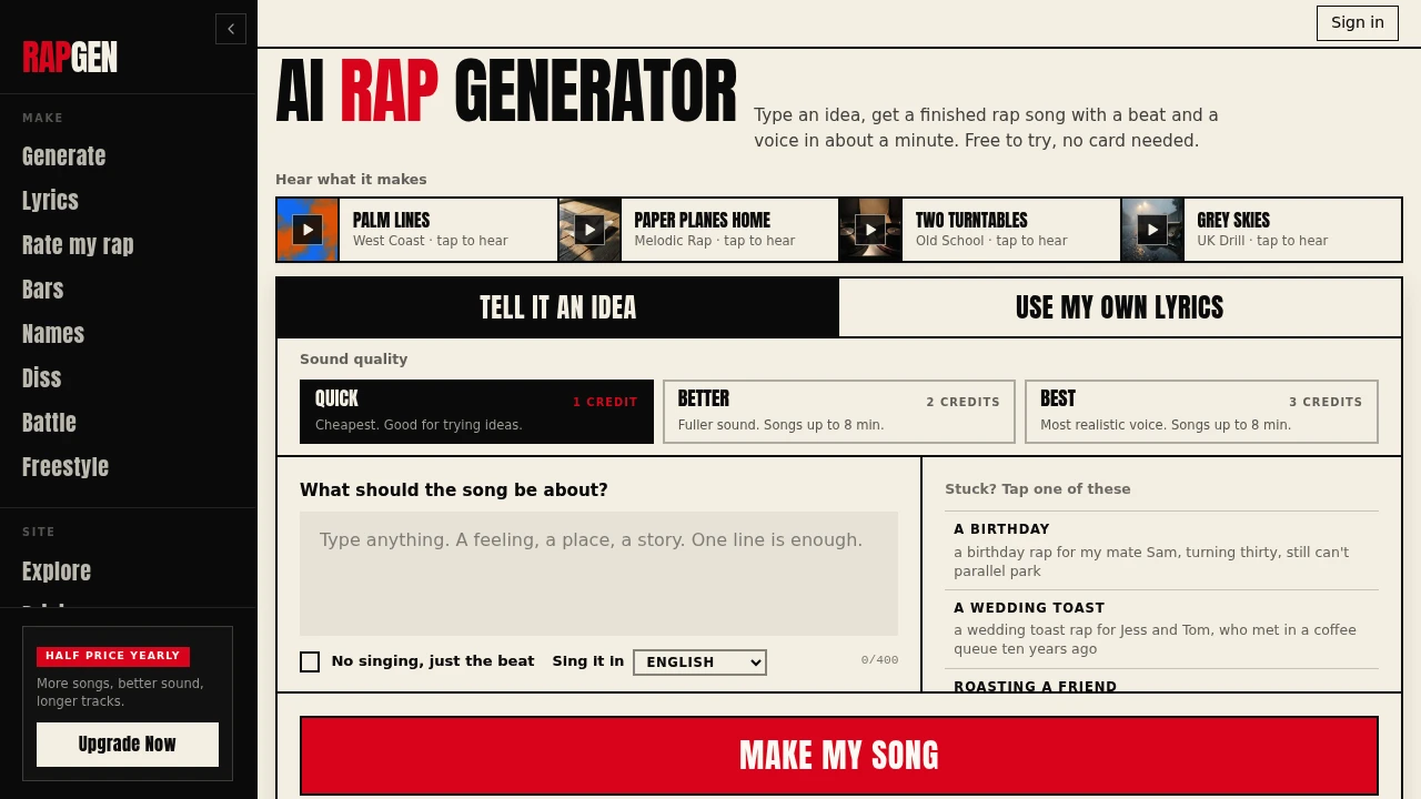 Screenshot of AI Rap Generator website