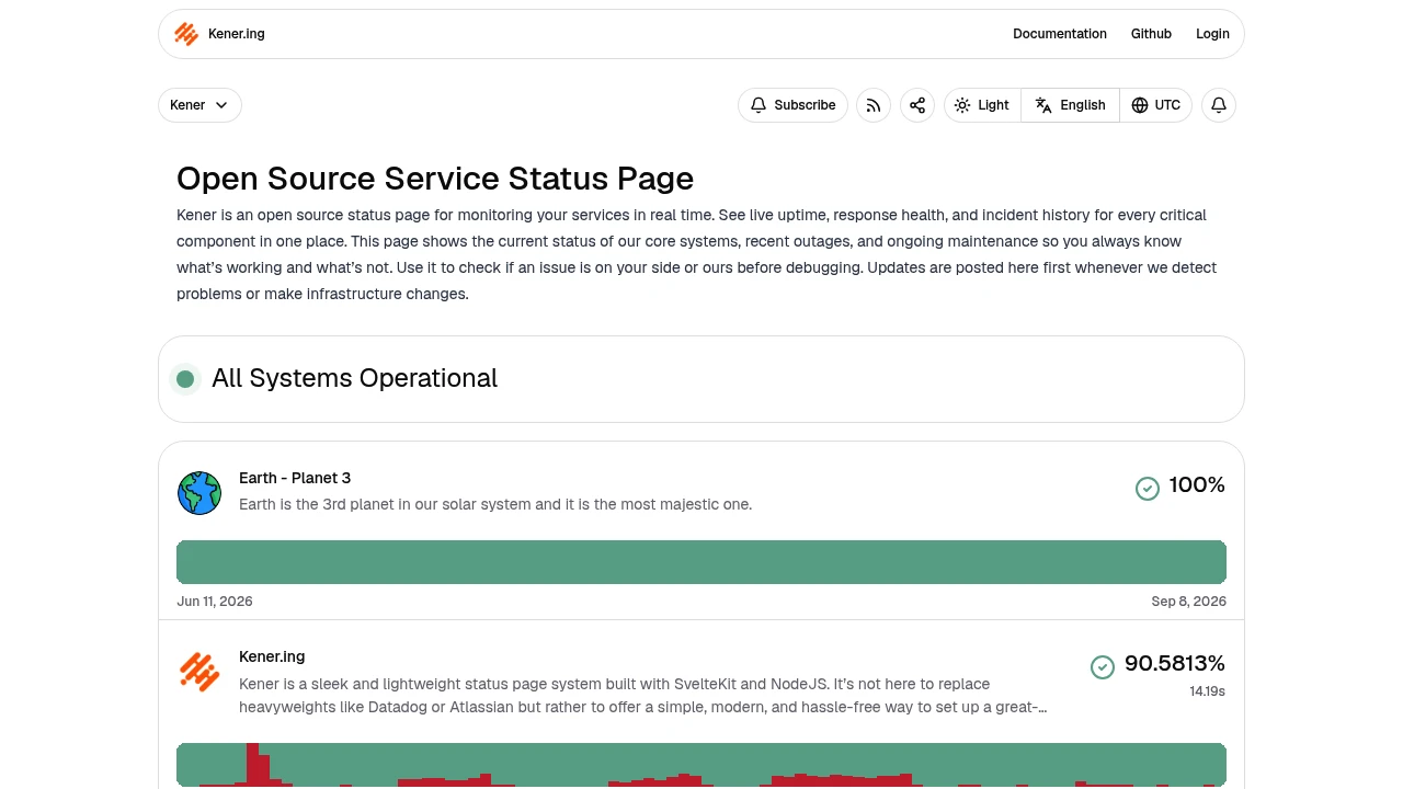 Screenshot of Kener website