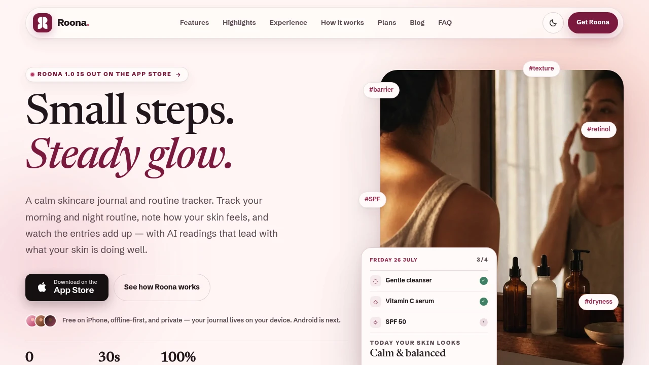 Screenshot of Roona Skincare Tracker website