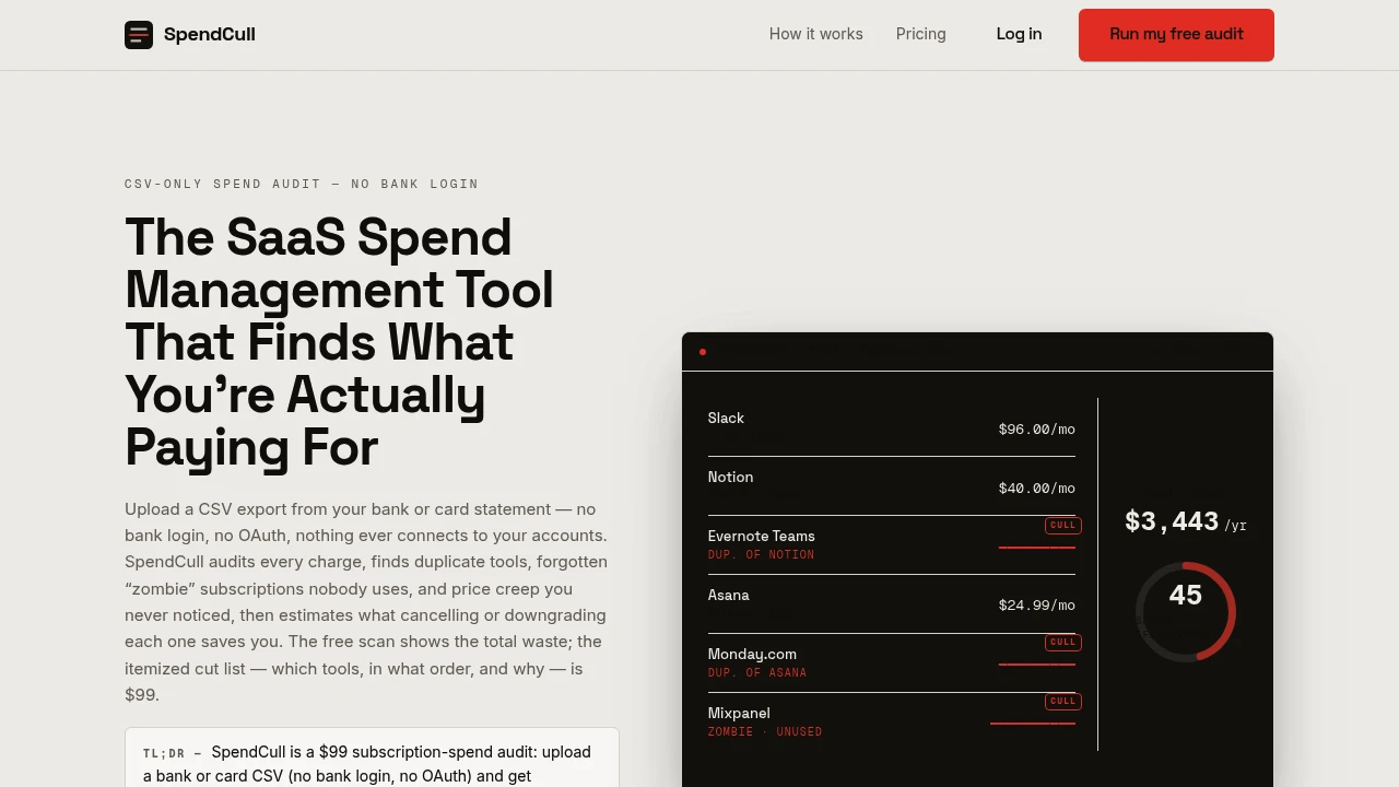 Screenshot of SpendCull website