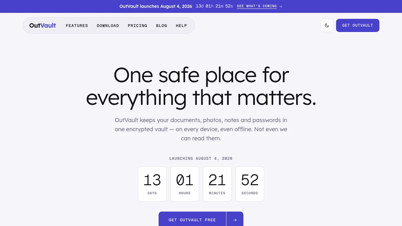 Screenshot of OutVault website