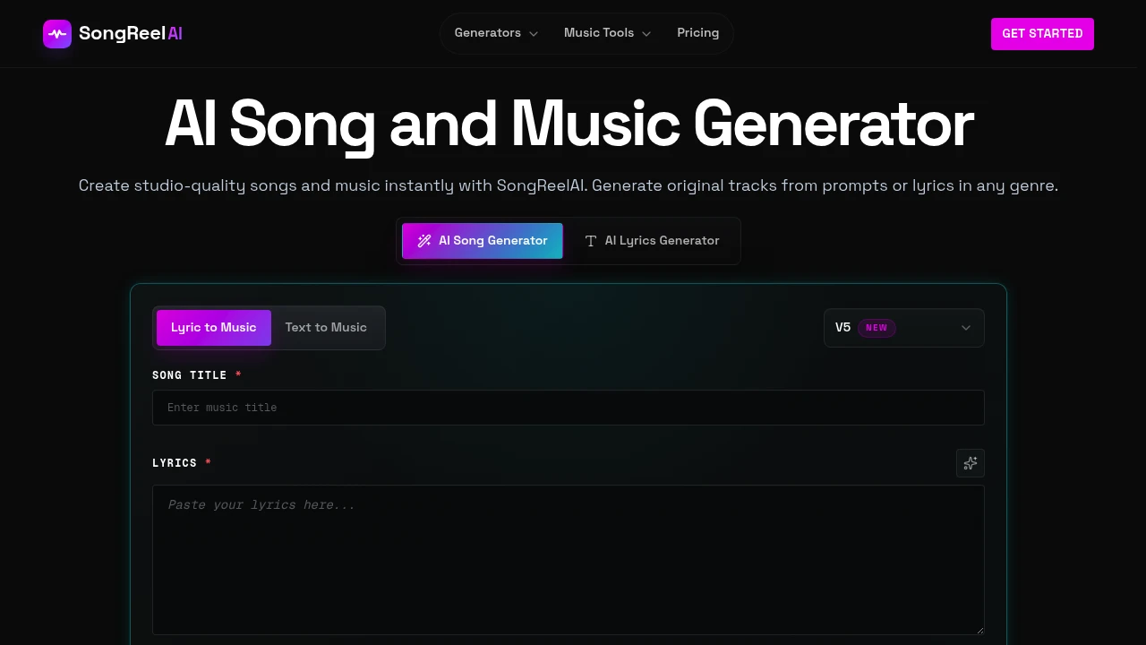 Screenshot of SongReelAI website