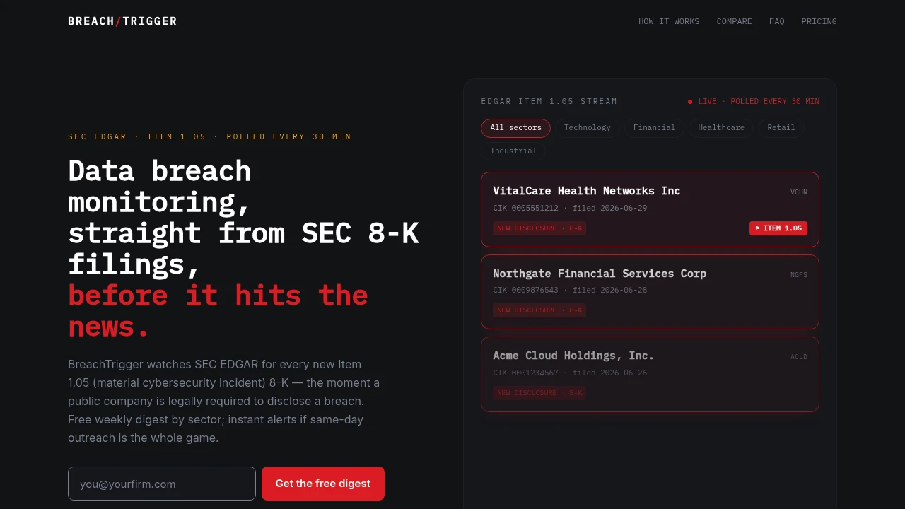 Screenshot of BreachTrigger website