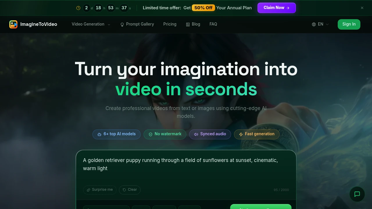 Screenshot of ImagineToVideo website