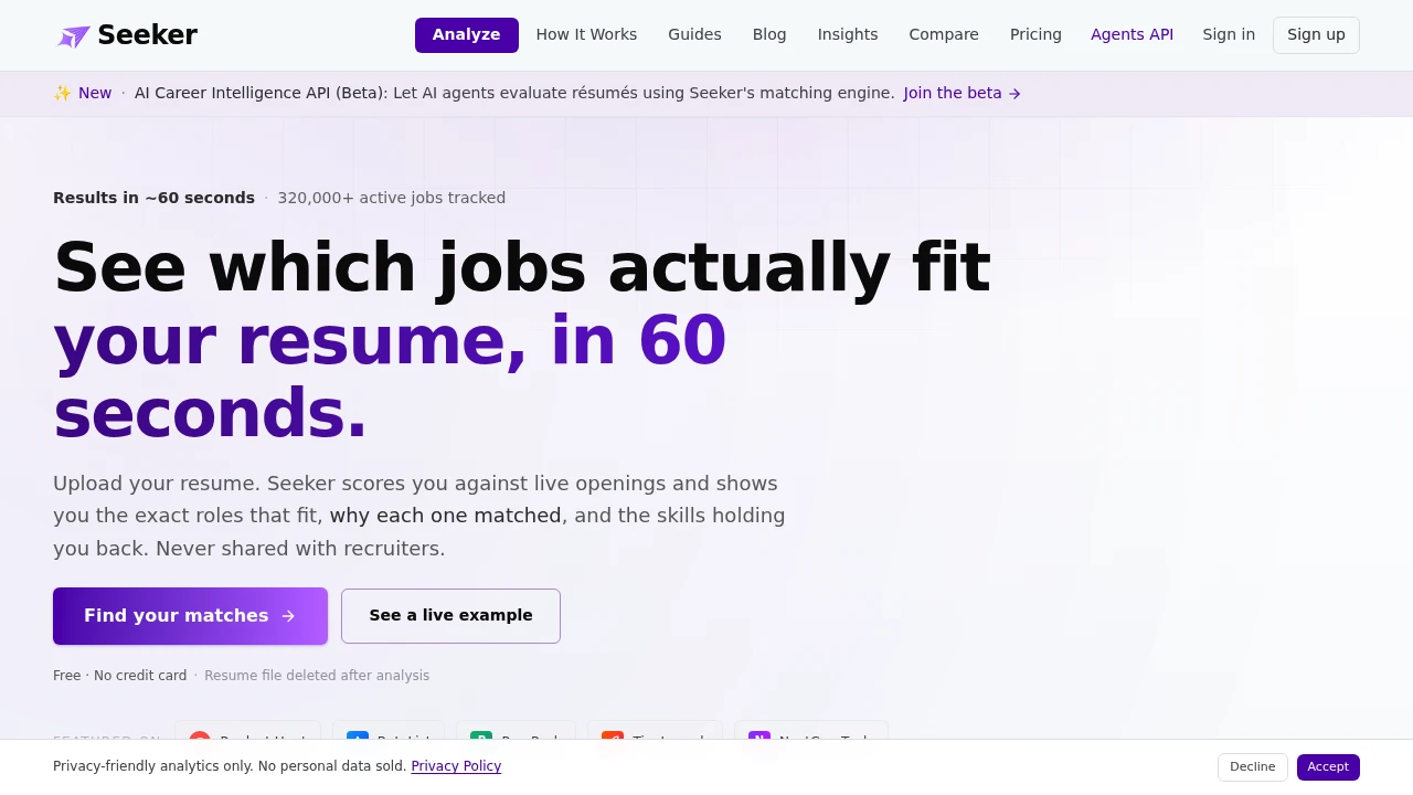 Screenshot of Seeker website